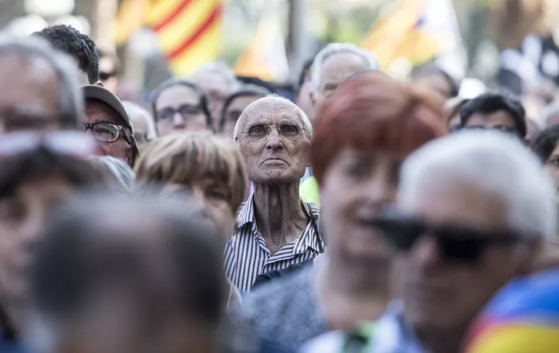 October 27, 2017 - Barcelona, Barcelona, Spain - A elderly pro independence supporter seen at the gathering..Tens of thousands of people have gathered today in support to the statement of independence of the Catalan Republic around the Parliament. After the statement, the people have celebrated it for the streets, between tears of happiness., Image: 354044022, License: Rights-managed, Restrictions: , Model Release: no, Credit line: Profimedia, Zuma Press - News