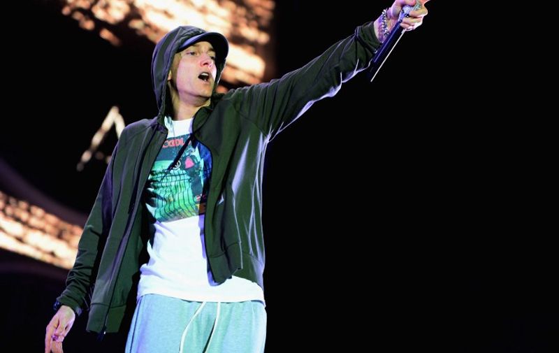 CHICAGO, IL - AUGUST 01: Eminem performs at Samsung Galaxy stage during 2014 Lollapalooza Day One at Grant Park on August 1, 2014 in Chicago, Illinois.   Theo Wargo/Getty Images/AFP