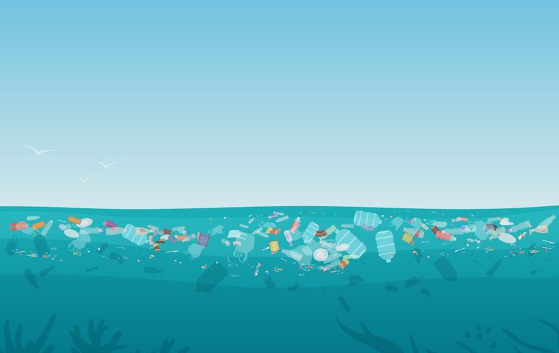 Plastic pollution trash on sea surface with different kinds of garbage - plastic bottles, bags, wastes floating in water. Sea ocean water pollution background concept vector illustration