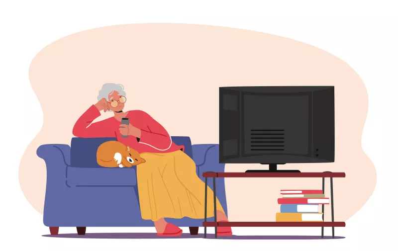 Senior Woman Watching Tv Set, Aged Character Sitting on Comfortable Sofa with Cat Having Fun, Relaxation, Elderly Lady Sparetime Isolated on White Background. Cartoon People Vector Illustration,Image: 706438718, License: Royalty-free, Restrictions: , Model Release: yes