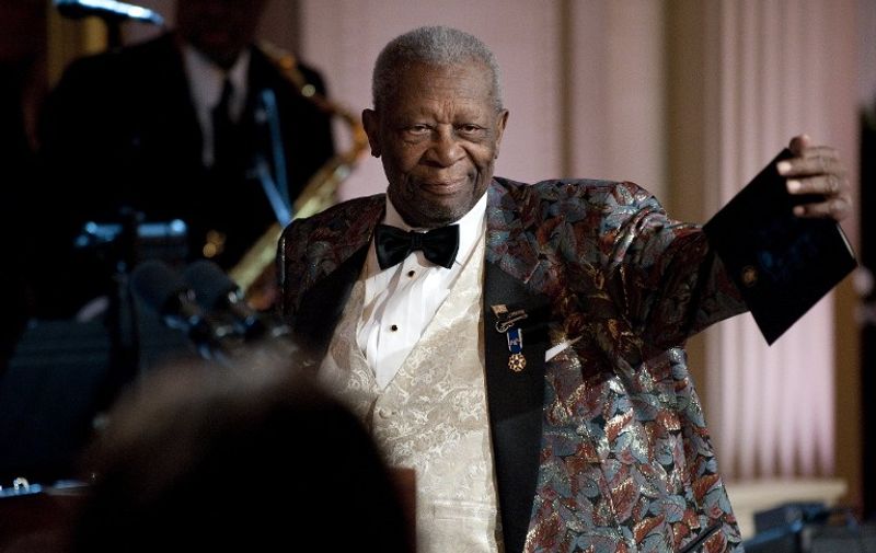 (FILES): This February 12, 2012 file photo shows blues musician B.B. King taking the stage during a celebration of Blues music and in recognition of Black History Month as part of their In Performance at the White House series in Washington, DC.     According to May 15, 2015 US media reports B.B. King has died at the age of 89 in Las Vegas, Nevada.          AFP PHOTO / Files / Jim WATSON