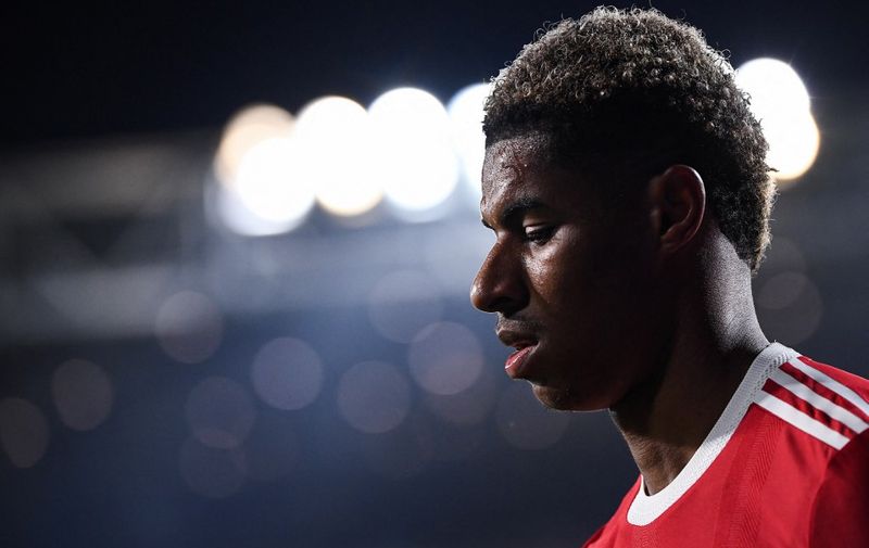 Manchester United's England's forward Marcus Rashford leaves the field after the substitution during the UEFA Champions League group F football match between Atalanta and Manchester United at the Azzurri d'Italia stadium, in Bergamo, on November 2, 2021. (Photo by Marco BERTORELLO / AFP)