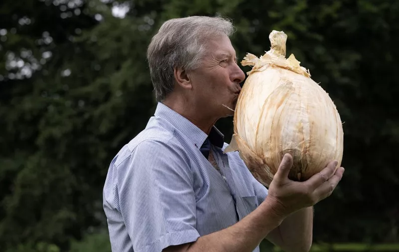 Grower Gareth Griffin poses for a photograph with his world record breaking heaviest Onion, weighing 8.97kg, entered in the giant vegetable competition on the first day of the Harrogate Autumn Flower Show held at Newby Hall country house, near Ripon, northern England, on September 15, 2023. (Photo by Oli SCARFF / AFP)