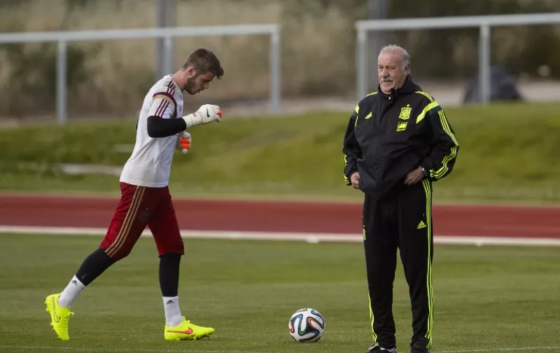 Spain's coach Vicente del Bosque (R) looks on as Spain's Goalkeeper David De Gea runs during a training session at the Sport City grounds in Las Rozas, near Madrid on May 28, 2014 ahead of the international friendly football match against Bolivia on May 30. AFP PHOTO / DANI POZO