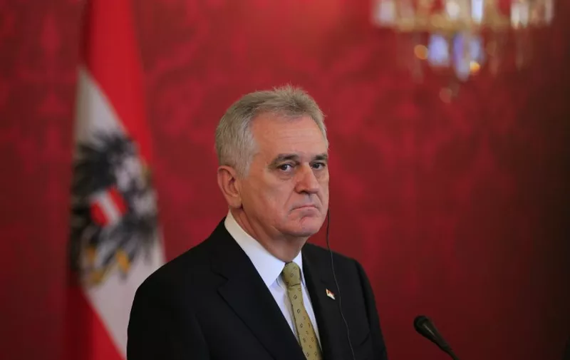 Serbian President Tomislav Nikolic attends a press conference with Austrian President during his visit to Vienna on March 27, 2014. AFP PHOTO / ALEXANDER KLEIN
