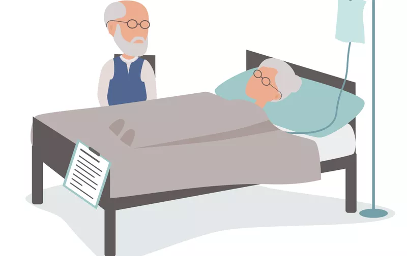 Sick Elderly woman in hospital bed with husband - vector characters body parts grouped and easy to edit - limited palette