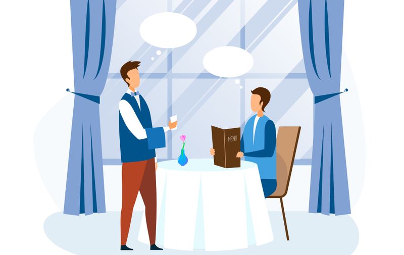Man Looking at Menu Book, Making Food Order to Waiter at Restaurant. Hospitality Demonstration. Professional Guest Catering Service. Dialog between Visitor and Garcon. Vector Flat Cartoon Illustration