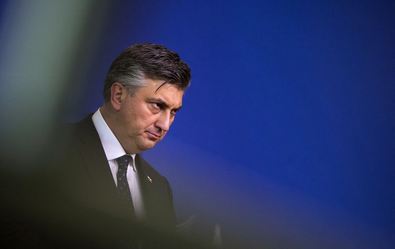 Croatia's Prime Minister Andrej Plenkovic speaks during a media conference after a meeting at EU headquarters in Brussels on March 12, 2021. (Photo by Virginia Mayo / Pool AP / AFP)