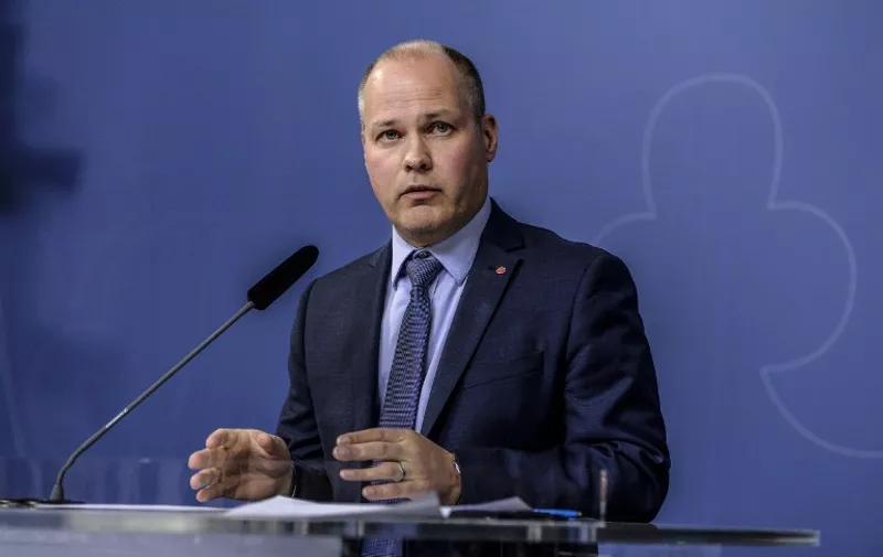Minister for Justice and Migration Morgan Johansson speaks during a press conference at the Swedish government headquarters in Stockholm, Sweden, November 5, 2015. Johansson said durthat Sweden can no longer guarantee accommodation for refugees seeking asylum in Sweden. AFP PHOTO / TT NEWS AGENCY  / JESSICA GOW   +++ SWEDEN OUT +++