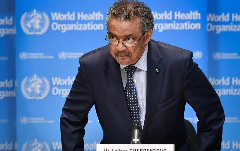 World Health Organization (WHO) Director-General Tedros Adhanom Ghebreyesus arrives to attend a press conference following an emergency committee meeting over Ebola epidemic in Democratic Republic of Congo at the WHO headquarters in Geneva on October 18, 2019. (Photo by Fabrice COFFRINI / AFP)