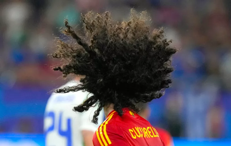 Spain's Marc Cucurella runs during a Group B match between Spain and Italy at the Euro 2024 soccer tournament in Gelsenkirchen, Germany, Thursday, June 20, 2024. (AP Photo/Frank Augstein)
