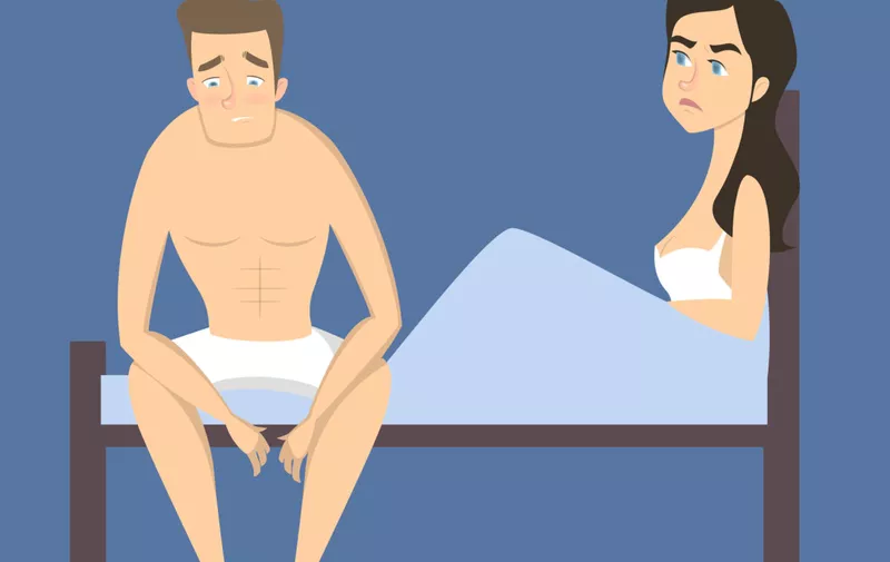 Intimate problem illustration. Man with erectile dysfunction and angry woman.