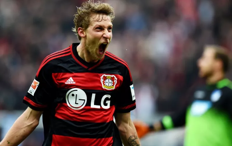 Leverkusen's forward Stefan Kiessling celebrates scoring during the German first division Bundesliga football match Bayer 04 Leverkusen vs TSG 1899 Hoffenheim in Leverkusen, western Germany, on May 16, 2015.  AFP PHOTO / PATRIK STOLLARZ

RESTRICTIONS - DFL RULES TO LIMIT THE ONLINE USAGE DURING MATCH TIME TO 15 PICTURES PER MATCH. IMAGE SEQUENCES TO SIMULATE VIDEO IS NOT ALLOWED AT ANY TIME. FOR FURTHER QUERIES PLEASE CONTACT DFL DIRECTLY AT + 49 69 650050.