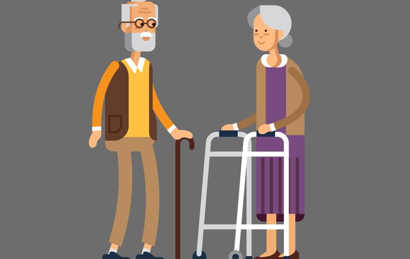 Retired elderly senior age couple in creative flat vector character design. Grandpa and grandma standing full length smiling. Grandparents with walking stick and paddle walker isolated