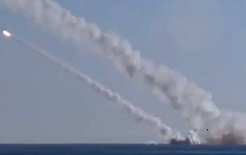 A video grab made early on December 9, 2015, shows an image taken from a footage made available on the Russian Defence Ministry's official Facebook page on December 8, 2015, purporting to show the Rostov-on-Don submarine launching Calibre cruise missiles in the Mediterranean Sea during a strike against Islamic State (IS) group's positions in Syria. AFP PHOTO / RUSSIAN DEFENCE MINISTRY 
RESTRICTED TO EDITORIAL USE - MANDATORY CREDIT " AFP PHOTO / RUSSIAN DEFENCE MINISTRY" - NO MARKETING NO ADVERTISING CAMPAIGNS - DISTRIBUTED AS A SERVICE TO CLIENTS / AFP / RUSSIAN DEFENCE MINISTRY / -