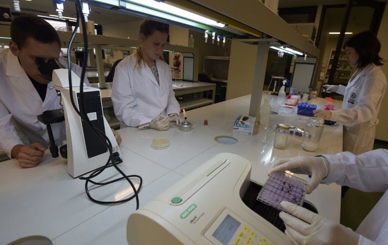 University professor Julieta Nafissi (R back) and students work in their scientists projects at the biotechnology lab of the UADE (Universidad Argentina de la Empresa) in Buenos Aires on September 23, 2014. AFP PHOTO / JUAN MABROMATA / AFP PHOTO / JUAN MABROMATA