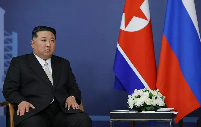 This pool image distributed by Sputnik agency shows North Korea's leader Kim Jong Un during his meeting with Russian President at the Vostochny Cosmodrome in Amur region on September 13, 2023, ahead of planned talks that could lead to a weapons deal with Russian President. (Photo by Vladimir SMIRNOV / POOL / AFP)