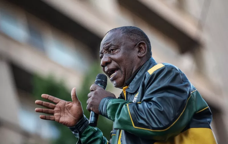 South African President and President of the ruling party African National Congress (ANC) Cyril Ramaphosa addresses the crowd during an ANC election victory rally on May 12, 2019, in central Johannesburg. (Photo by Michele Spatari/NurPhoto) (Photo by Michele Spatari / NurPhoto / NurPhoto via AFP)