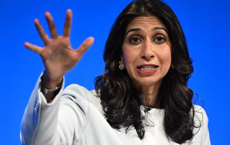(FILES) Britain's Home Secretary Suella Braverman addresses delegates at the annual Conservative Party Conference in Manchester, northern England, on October 3, 2023. British leader Rishi Sunak sacked controversial interior minister Suella Braverman on November 13, 2023, multiple UK media outlets reported, as he reshuffles his top team ahead of a general election expected next year. (Photo by Oli SCARFF / AFP)