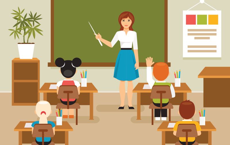 School lesson with the teacher at the blackboard. Classroom. Children at a school desk. Vector illustration, flat style