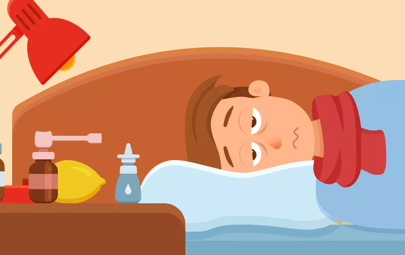 Sick guy in bed with the symptoms of  cold, flu. Cartoon vector character on pillow with blanket and scarf, medicine, lemon, thermometer. Illustration of unhealthy men with a high fever, headache.