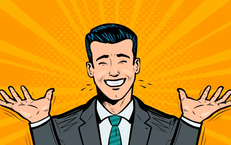Happy businessman or student rejoices at success. business concept. Cartoon in pop art retro comic style
