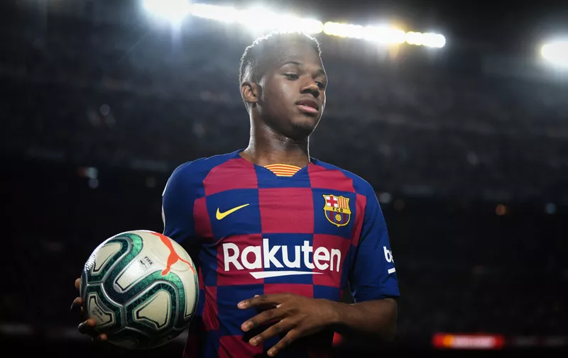 BARCELONA, SPAIN - FEBRUARY 02: Ansu Fati of FC Barcelona looks on during the Liga match between FC Barcelona and Levante UD at Camp Nou on February 02, 2020 in Barcelona, Spain. (Photo by David Ramos/Getty Images)