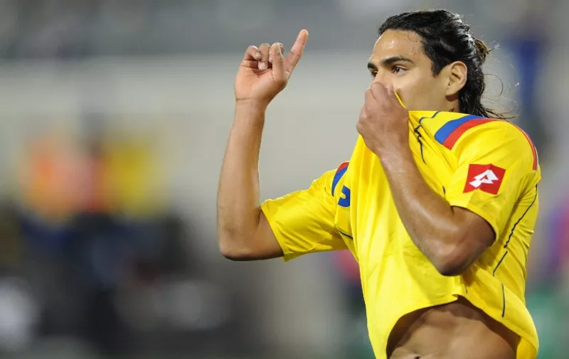 Radamel Falcao Garcia of Colombia celebrates his goal against Ecuador during a friendly match October 8, 2010 at Red Bull Arena in Harrison, New Jersey won by Columbia, 1-0. AFP PHOTO/Stan Honda