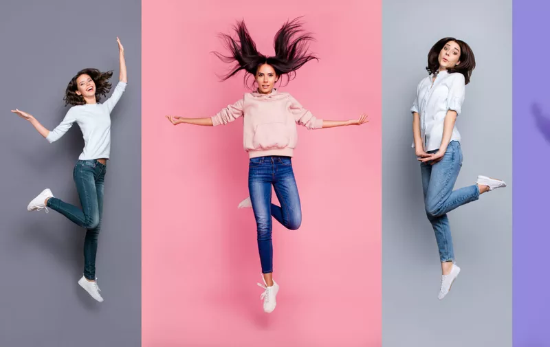 Full length body size view five different nice dreamy lovely attractive charming positive thin slim people having fun isolated over pastel pink violet purple grey background.