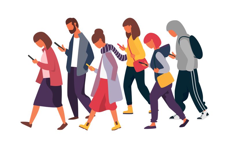 Man and woman characters using mobile phones. Crowd of people holding smartphones. Vector illustration.