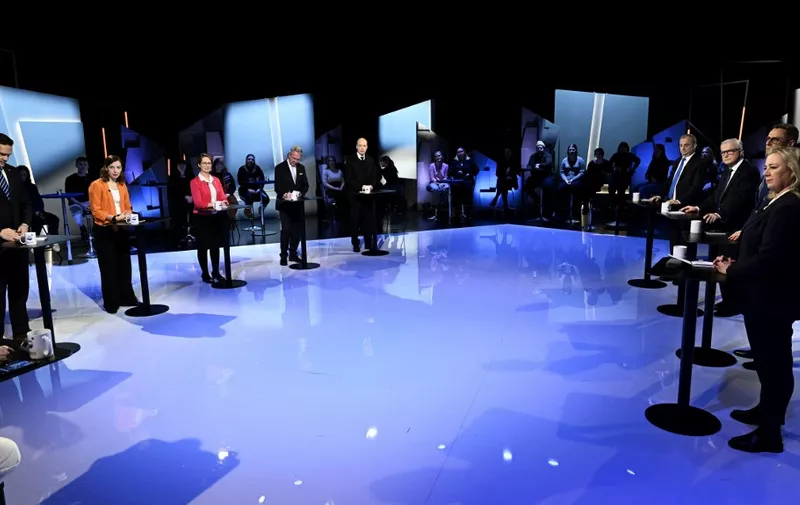 The presidential candidates take part in a debate at Yle, the Finnish Broadcasting Company in Helsinki, Finland on January 25, 2024 prior to the first round of the presidential elections to be held on January 28. Finland goes to the polls on January 28 to elect a new president, whose role leading foreign policy has been amplified by heightened tensions with neighbouring Russia following the war in Ukraine. (Photo by Vesa Moilanen / Lehtikuva / AFP) / Finland OUT