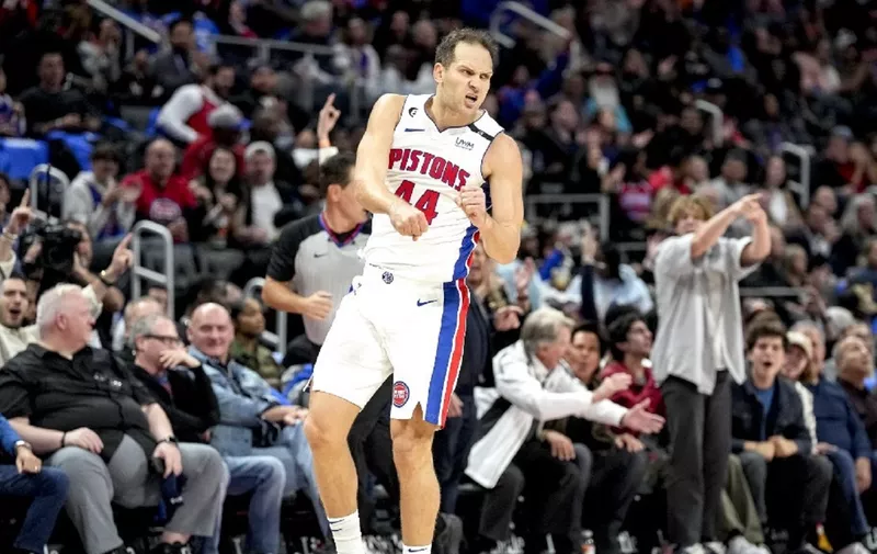 DETROIT, MICHIGAN - OCTOBER 19: Bojan Bogdanovic #44 of the Detroit Pistons reacts against the Orlando Magic during the second quarter at Little Caesars Arena on October 19, 2022 in Detroit, Michigan. NOTE TO USER: User expressly acknowledges and agrees that, by downloading and or using this photograph, User is consenting to the terms and conditions of the Getty Images License Agreement.   Nic Antaya/Getty Images/AFP (Photo by Nic Antaya / GETTY IMAGES NORTH AMERICA / Getty Images via AFP)