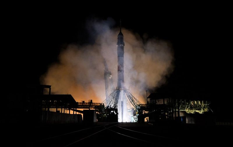 The Soyuz MS-24 spacecraft carrying the International Space Station (ISS) Expedition 70-71 crew of US NASA astronaut Loral OHara and Russian Roscosmos cosmonauts Oleg Kononenko and Nikolai Chub blasts off to the ISS from the Moscow-leased Baikonur cosmodrome in Kazakhstan on September 15, 2023. (Photo by VYACHESLAV OSELEDKO / AFP)