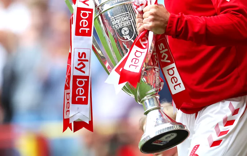 LONDON, ENGLAND - JULY 27:   The Sky Bet play off trophy is seen ahead of  the Pre-Season Friendly match between Charlton and Aston Villa at The Valley on July 27, 2019 in London, England. (Photo by Naomi Baker/Getty Images)