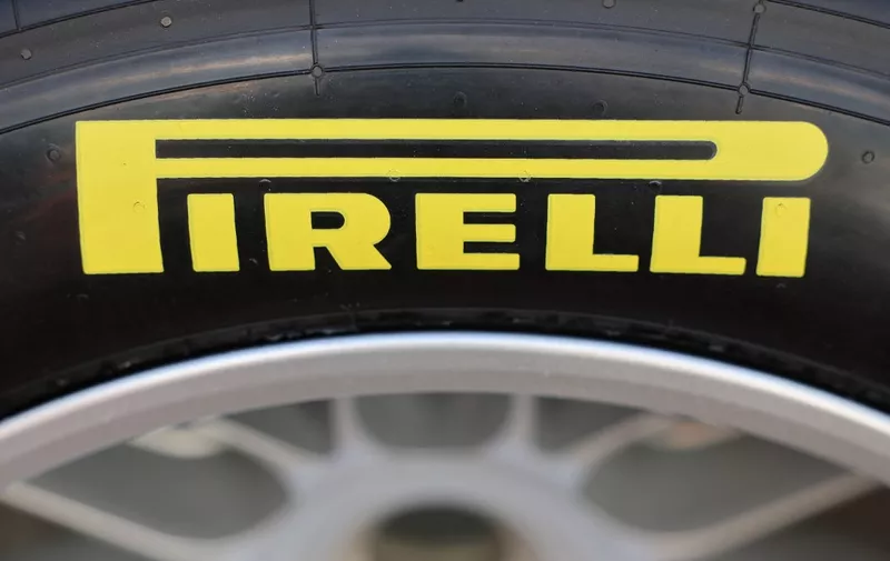 A Pirelli tyre is pictured in the paddock at the Jeddah Corniche Circuit on March 16, 2023, ahead of the 2023 Saudi Arabia Formula One Grand Prix. (Photo by Giuseppe CACACE / AFP)