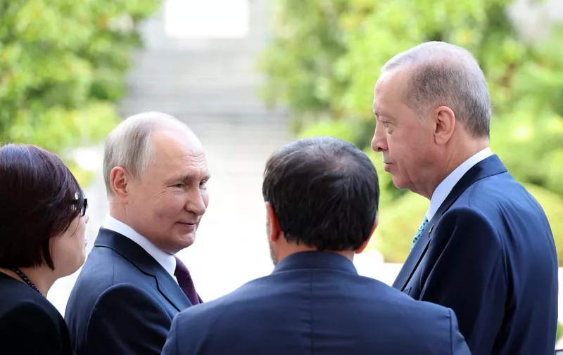 This pool image distributed by Sputnik agency on September 4, 2023, shows Russian President Vladimir Putin seeing off his Turkish counterpart Recep Tayyip Erdogan after their talks in Sochi. (Photo by Mikhail KLIMENTYEV / POOL / AFP)