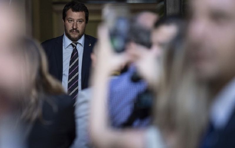 Italy's Interior Minister Matteo Salvini waits for the arrival of Hungary's Prime Minister Viktor Orban ahead of a meeting in Milan on August 28, 2018. / AFP PHOTO / MARCO BERTORELLO