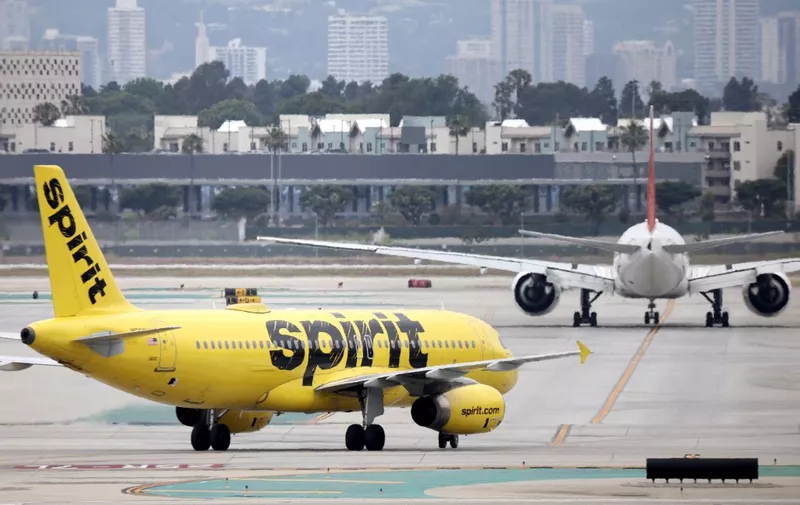 LOS ANGELES, CALIFORNIA - JUNE 01: A Spirit Airlines plane taxis at Los Angeles International Airport (LAX) on June 1, 2023 in Los Angeles, California. Over 40 percent of Spirit Airlines flights around the country were delayed today following a technical issue with its app, website and airport kiosks.   Mario Tama/Getty Images/AFP (Photo by MARIO TAMA / GETTY IMAGES NORTH AMERICA / Getty Images via AFP)