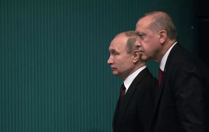 5468676 03.04.2018 April 3, 2018. Russian President Vladimir and Turkish President Recep Tayyip Erdoğan attend the ground-breaking ceremony for the construction of the first power generating unit at the Akkuyu nuclear power plant being built by Rosatom in Turkey, via a video link at the presidential palace in Ankara., Image: 367643966, License: Rights-managed, Restrictions: , Model Release: no, Credit line: Profimedia, Sputnik