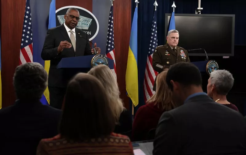 ARLINGTON, VIRGINIA - NOVEMBER 16: U.S. Secretary of Defense Lloyd Austin and Chairman of the Joint Chiefs of Staff Gen. Mark Milley speak to members of the press after a virtual Ukraine Defense Contact Group meeting at the Pentagon on November 16, 2022 in Arlington, Virginia. The Ukraine Defense Contact Group met again to discuss aiding for Ukraine amid Russias invasion.   Alex Wong/Getty Images/AFP (Photo by ALEX WONG / GETTY IMAGES NORTH AMERICA / Getty Images via AFP)