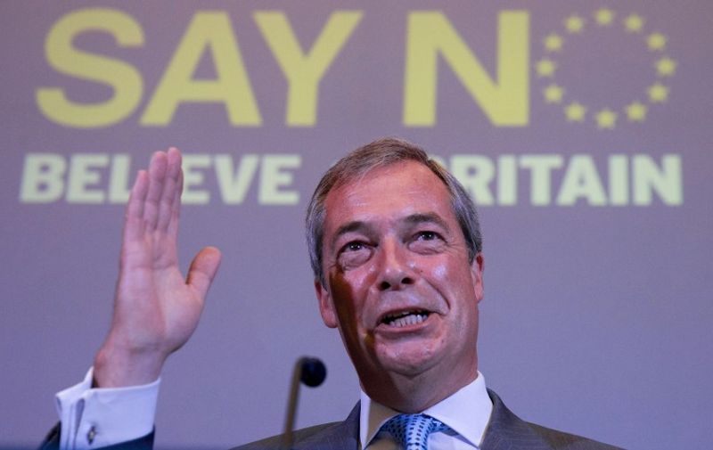 UK Independence Party (UKIP) leader Nigel Farage speaks at a press conference in London on July 30, 2015, where he set out the party's vision for a 'No' vote in an referendum on EU membership that Britain's Prime Minister David Cameron has promised to hold before the end of 2017.    AFP PHOTO/JUSTIN TALLIS