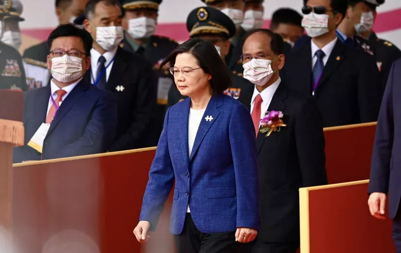 Taiwan's President Tsai Ing-wen attends national day celebrations in front of the Presidential Palace in Taipei on October 10, 2021. (Photo by Sam Yeh / AFP)