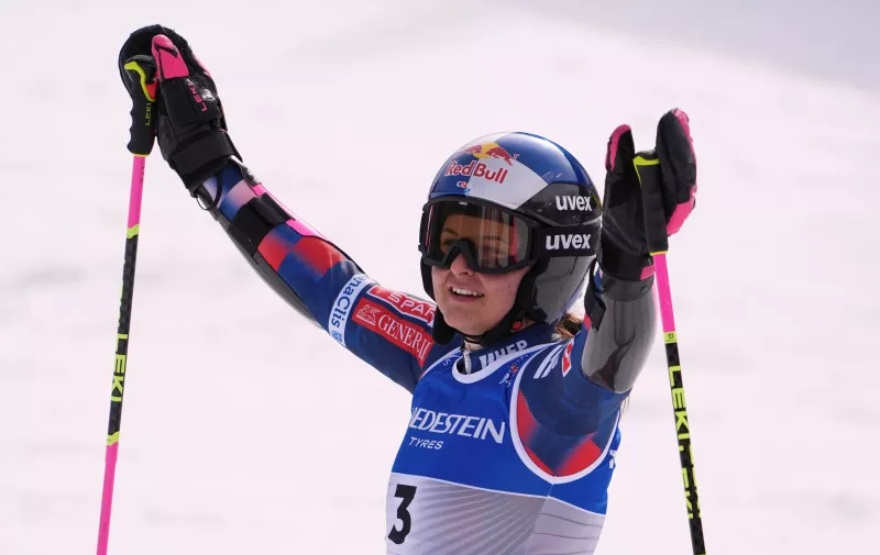 Croatia's Zrinka Ljutic celebrates at the finish area of a women's giant slalom, at the Alpine Ski World Championships, in Saalbach-Hinterglemm, Austria, Thursday, Feb. 13, 2025. (AP Photo/Giovanni Auletta)