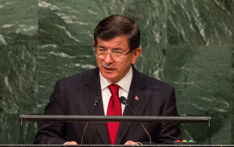 NEW YORK, NY - SEPTEMBER 30: Ahmet Davutoglu, Prime Minister of Turkey, speaks at the United Nations General Assembly on September 30, 2015 in New York City. World leaders gathered for the 70th session of the annual meeting.   Andrew Burton/Getty Images/AFP