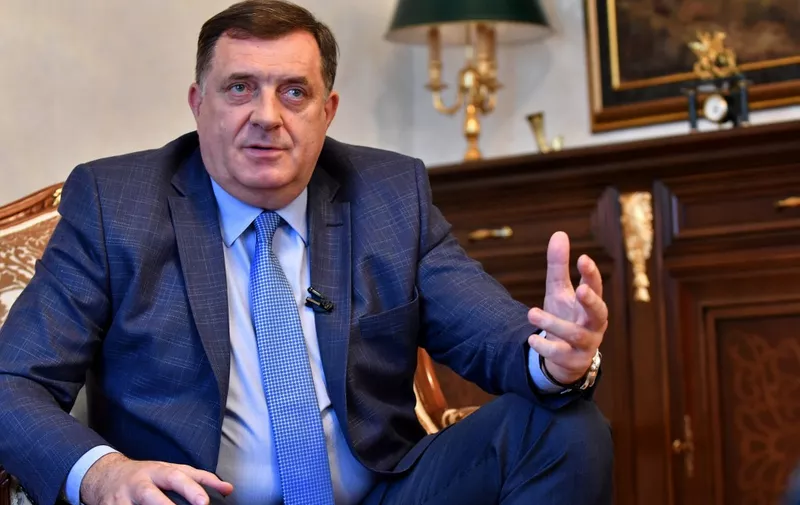 President of the Serb-run entity in Bosnia, Bosnian Serb leader Milorad Dodik answers questions during an interview with AFP in Banja Luka, on April 18, 2018. - Dodik has branded as "lies" claims he intends to create paramilitary units or be a puppet in an attempt by Russia to destabilise his country. The President of the Serb-run entity in Bosnia, which together with the Muslim-Croat Federation makes up the multi-ethnic Balkan country, said: "In Republika Srpska, there are no paramilitary units." (Photo by ELVIS BARUKCIC / AFP)
