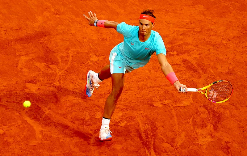 PARIS, FRANCE - SEPTEMBER 28: Rafael Nadal of Spain plays a forehand during his Men's Singles first round match against Egor Gerasimov of Belarus on day two of the 2020 French Open at Roland Garros on September 28, 2020 in Paris, France. (Photo by Julian Finney/Getty Images)