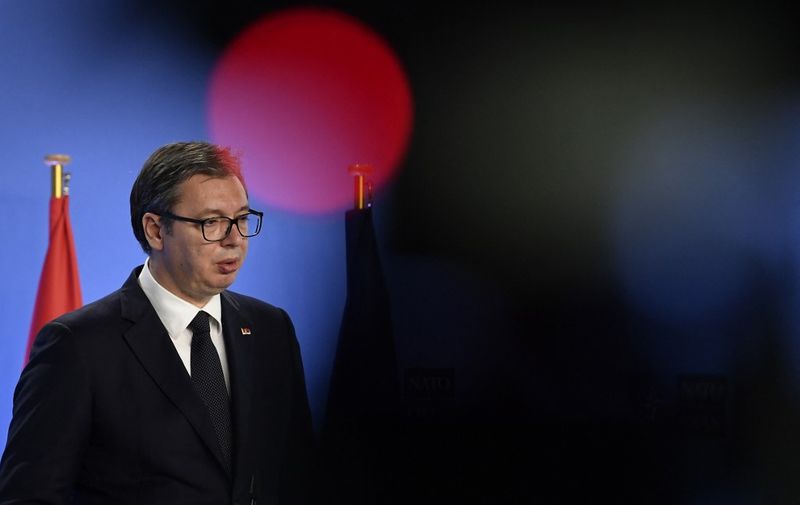 Serbian President Aleksandar Vucic speaks during a joint press conference with NATO Secretary General (unseen) after their bilateral meeting at the Nato Alliance's headquarters in Brussels on May 17, 2021. (Photo by JOHN THYS / POOL / AFP)