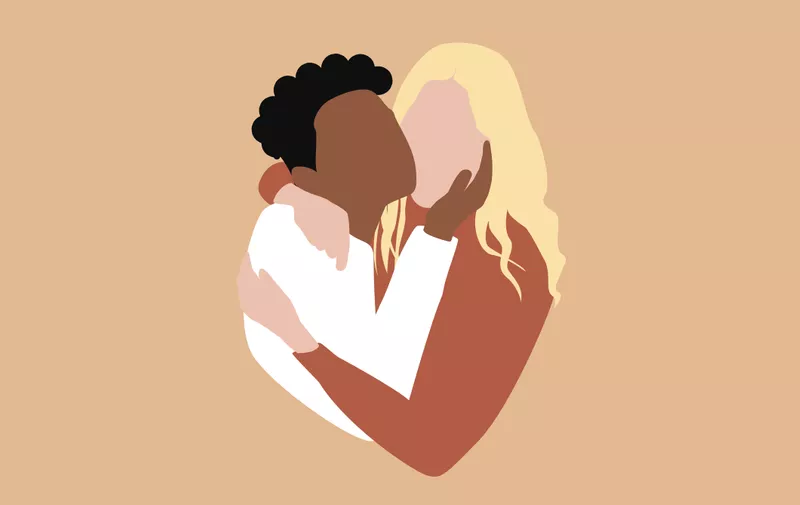 Two people different nationalities hugging. Vector in modern pastel colors. Multicolored community unity, stop racism, stand up for equal rights. Two female hugging, lgbt love. Women empower