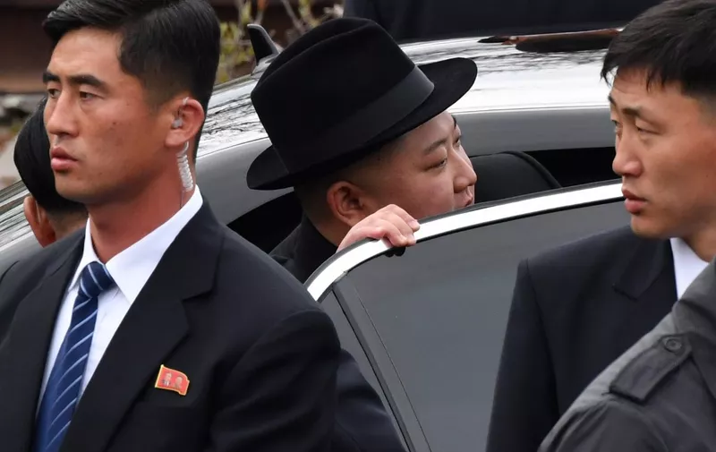 North Korean leader Kim Jong Un leaves after a wreath-laying ceremony at a WWII memorial in the far-eastern Russian port of Vladivostok on April 26, 2019. (Photo by Yuri KADOBNOV / AFP)