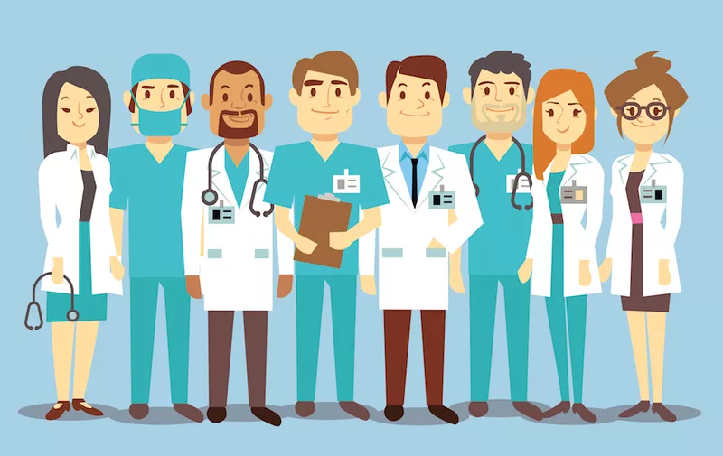 Hospital medical staff team doctors nurses surgeon vector flat Illustration of character doctor with stethoscope, reliable team of doctors